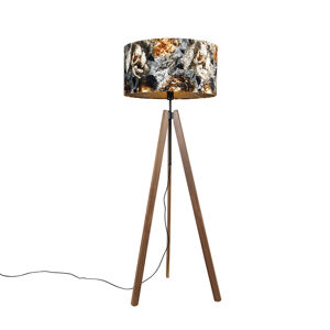 Landelijke vloerlamp tripod bruin met kap bloemen 50 cm - Telu